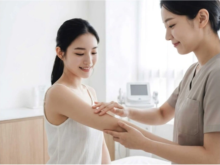 팔의 피부 상태를 함께 확인하는 상담 장면 이미지